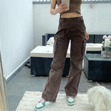Rarove Streetwear Vintage Y2K Cargo Jeans Women Pockets High Waist Fashion Baggy Brown Pants Aesthetic Grunge Trousers