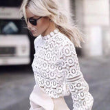 RAROVE Elegant white lace blouse shirt women lantern sleeve sexy hollow out embroidery patchwork blouses autumn tops female