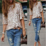 New 2022 Fashion Women Sexy Loose Off Shoulder Sequin Glitter Blouses Summer Casual Shirts Vintage Blouse Party Tops S-5XL