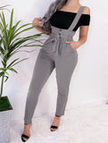 Rarove Women Streetwear Long Pants Bandage Design Button Pockets Decor High Waist Pencil Pants Lady Slim Hips Shoulder Straps Trousers