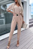 RAROVE-Spring Casual Outfit Summer Outfit Ins Style Sweet Simplicity Solid Pocket With Belt V Neck Regular Jumpsuits