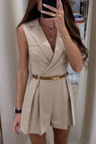 RAROVE-Spring Casual Outfit Summer Outfit Ins Style Work British Style Solid Without Belt V Neck Regular Rompers(No Belt)