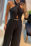 RAROVE-Spring Casual Outfit Summer Outfit Ins Style Casual British Style Striped Print Hollowed Out Backless Halter Regular Jumpsuits