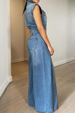 RAROVE-Spring Casual Outfit Summer Outfit Ins Style Street Solid Patchwork Pocket Buckle Turndown Collar Sleeveless High Waist Loose Denim Jumpsuits