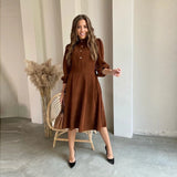 RAROVE-Graduation Gift Back to School Season Summer Dress Spring Outfit Summer Vacation Outfits  Women Corduroy Lantern Sleeve Casual Dress Stand Collar Button Folds Dresses Autumn Winter Vintage A-Line Party Midi Dress