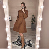 RAROVE-Graduation Gift Back to School Season Summer Dress Spring Outfit Summer Vacation Outfits  Women Corduroy Lantern Sleeve Casual Dress Stand Collar Button Folds Dresses Autumn Winter Vintage A-Line Party Midi Dress