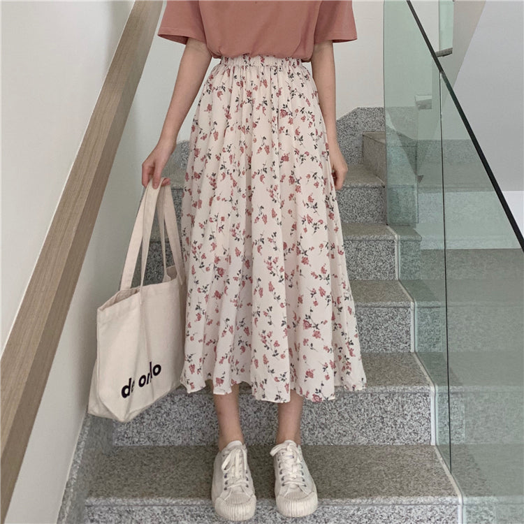 RAROVE Graduation Gift Back to School Season Vintage Floral Print A-line Pleated Long Skirts Summer Women Korean Skirt Streetwear Drawstring Elastic Waist Midi Skirt0309