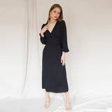 RAROVE-Graduation Gift Back to School Season Summer Dress Spring Outfit Summer Vacation Outfits  Women Elegant Puff Sleeve Party Midi Dress Office Ladies High Waist V-Neck Solid Dresses New Fashion Spring Summer Dress