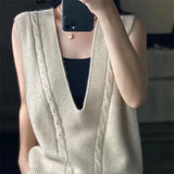 Rarove-New 100%Pure Wool Cashmere Vest Women V-Neck Thick Sleeveless Wild Sweater Autumn Large Size Waistcoat Knit Vest Pullover
