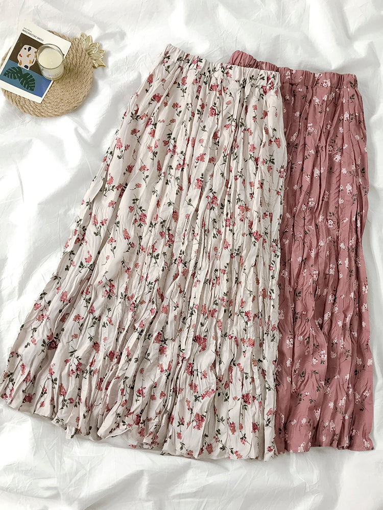 RAROVE Graduation Gift Back to School Season Vintage Floral Print A-line Pleated Long Skirts Summer Women Korean Skirt Streetwear Drawstring Elastic Waist Midi Skirt0309