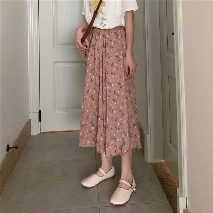 RAROVE Graduation Gift Back to School Season Vintage Floral Print A-line Pleated Long Skirts Summer Women Korean Skirt Streetwear Drawstring Elastic Waist Midi Skirt0309