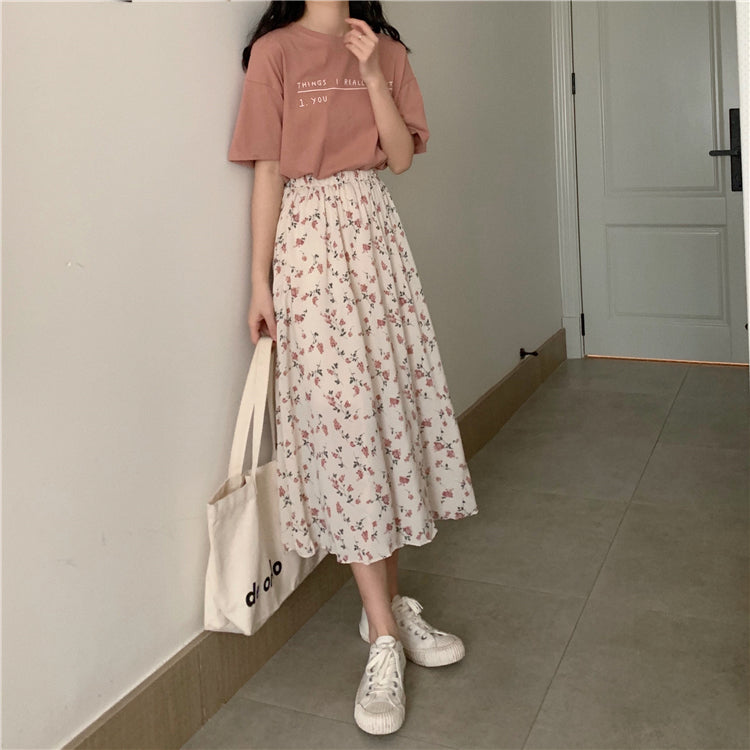 RAROVE Graduation Gift Back to School Season Vintage Floral Print A-line Pleated Long Skirts Summer Women Korean Skirt Streetwear Drawstring Elastic Waist Midi Skirt0309