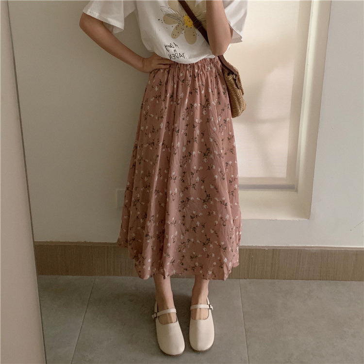 RAROVE Graduation Gift Back to School Season Vintage Floral Print A-line Pleated Long Skirts Summer Women Korean Skirt Streetwear Drawstring Elastic Waist Midi Skirt0309