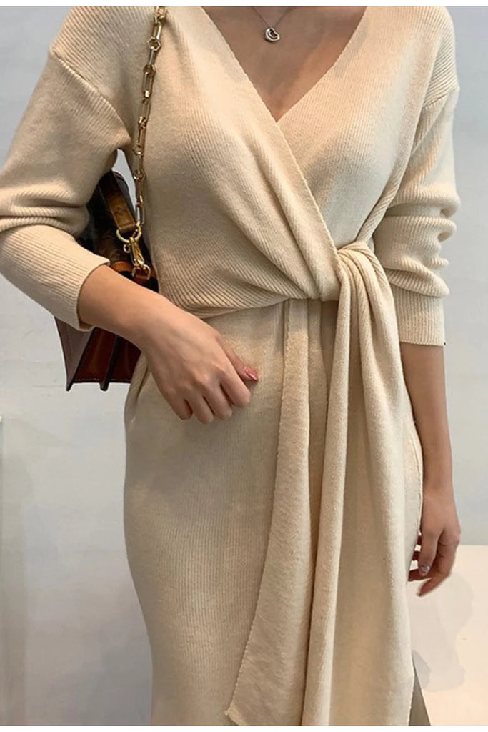 Rarove  Fall outfits 2023 Casual v-neck lace up women knitted dress solid long sleeves asymmetrical sweater dress Loose female maxi winter vestido