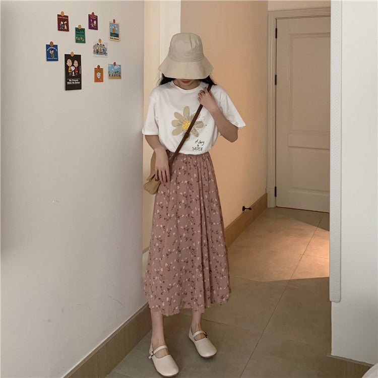 RAROVE Graduation Gift Back to School Season Vintage Floral Print A-line Pleated Long Skirts Summer Women Korean Skirt Streetwear Drawstring Elastic Waist Midi Skirt0309