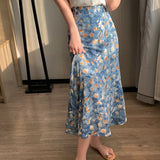 RAROVE-Blue oil painting style floral skirt female spring and summer new Korean version high waist temperament medium and long fishtail skirt trend