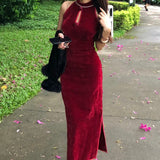 RAROVE-French Red Stand Collar Button Velour Long Vestidos Summer New Chinese style dress for women in summer, new style, niche, slimming, fashionable, pigeon blood red cheongsam skirt