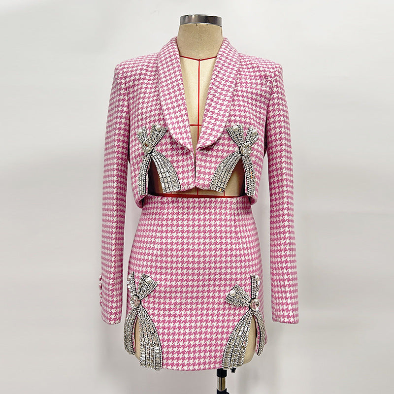 fall 2024 fashion trends High-Grade Suit Women's 2024 Light Luxury Beaded Rhinestone Bow Houndstooth Coat Skirt Two-Piece Set