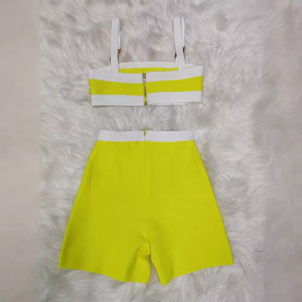 fall 2024 fashion trends Women's New Bright Yellow Bandage Dress Suit Gold Lion Button Small Top Shorts Retro