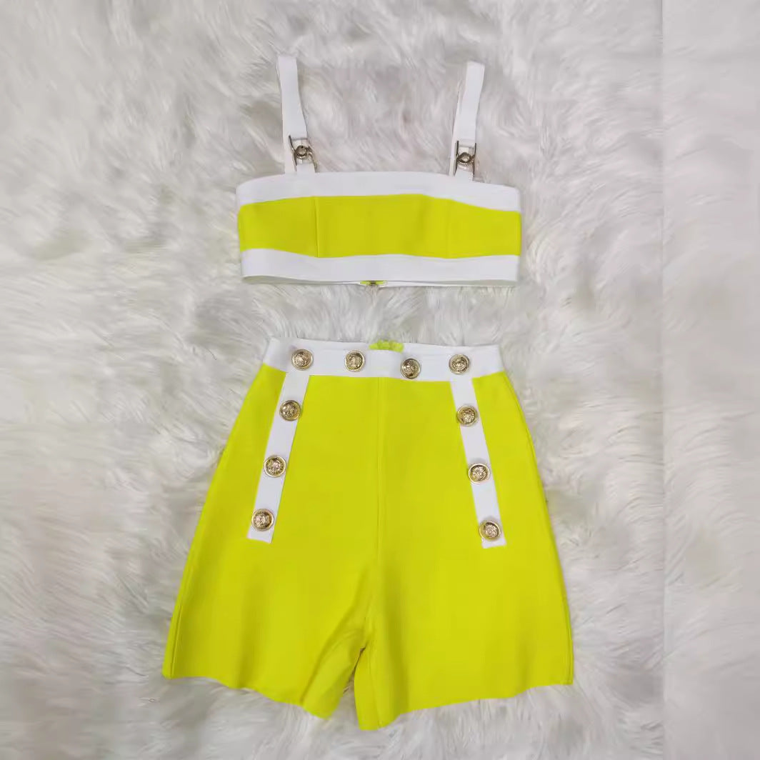 fall 2024 fashion trends Women's New Bright Yellow Bandage Dress Suit Gold Lion Button Small Top Shorts Retro