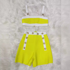 fall 2024 fashion trends Women's New Bright Yellow Bandage Dress Suit Gold Lion Button Small Top Shorts Retro