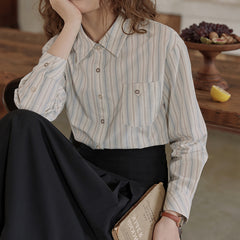 fall 2024 fashion trends French Retro Lapel Long Sleeve Elegant Top for Women Spring 2024 New Contrast Color Loose All-Match Striped Long Sleeve Shirt