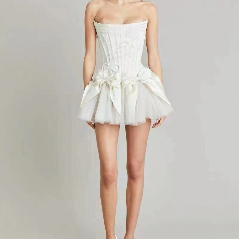 hoco dresses New Bow Mesh Fluffy Shorts Dress (Waist Seal and Zipper) (with Inner Shorts)