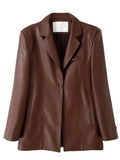 Rarove-2024 Spring Fashion Leather Suit Jacket Women Long Sleeve Chic Blazer Female Solid Single Button 2023 Fashion Lady Turn-down Collar Pu Coat