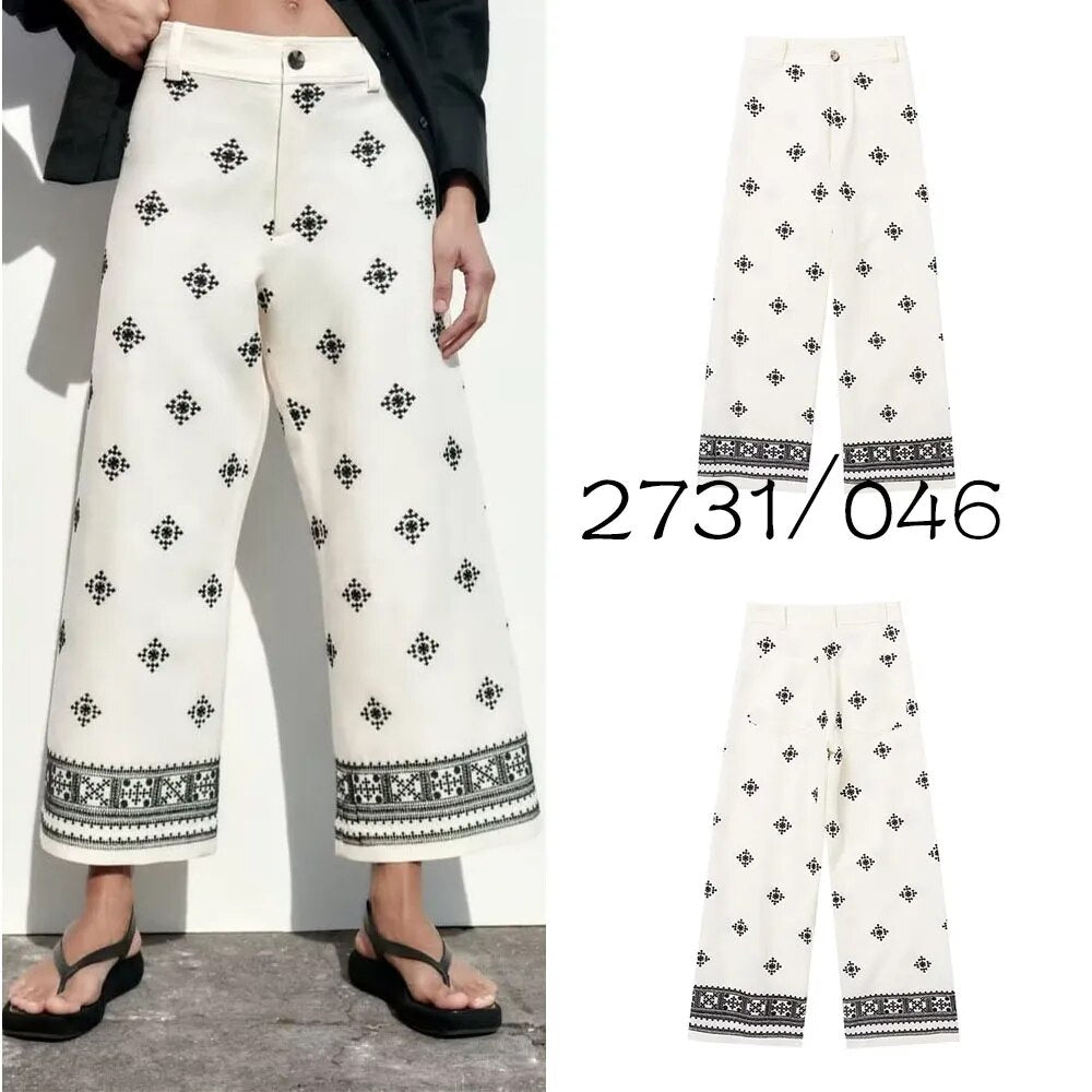 Rarove- New women's casual slimming 2023 printed linen high-waisted pants with zipper and button closure on the front 2731046
