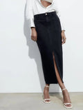 Rarove - Summer new women's clothing 2023 retro fashion casual raw edge slim high waist denim mid-length skirt