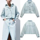Rarove- New Women's Clothes Temperament Fashionable Casual Front Metal Button Closure Cropped Denim Jacket Outerwear