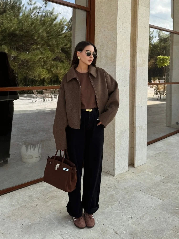 Rarove-Fall Outfits Outwear Streetwear Vintage Brown Zipper Woolen Jacket For Women Elegant Lapel Long Sleeves Cropped Coats Autumn Chic Lady High Street Outwear