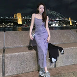 Rarove-2024 Spring/Summer Fashion Purple Suspender Dress Stretch Mesh Women's Holiday 2024 Summer New Female Y2k Butterfly Print Pleated Design Party Long Dresses
