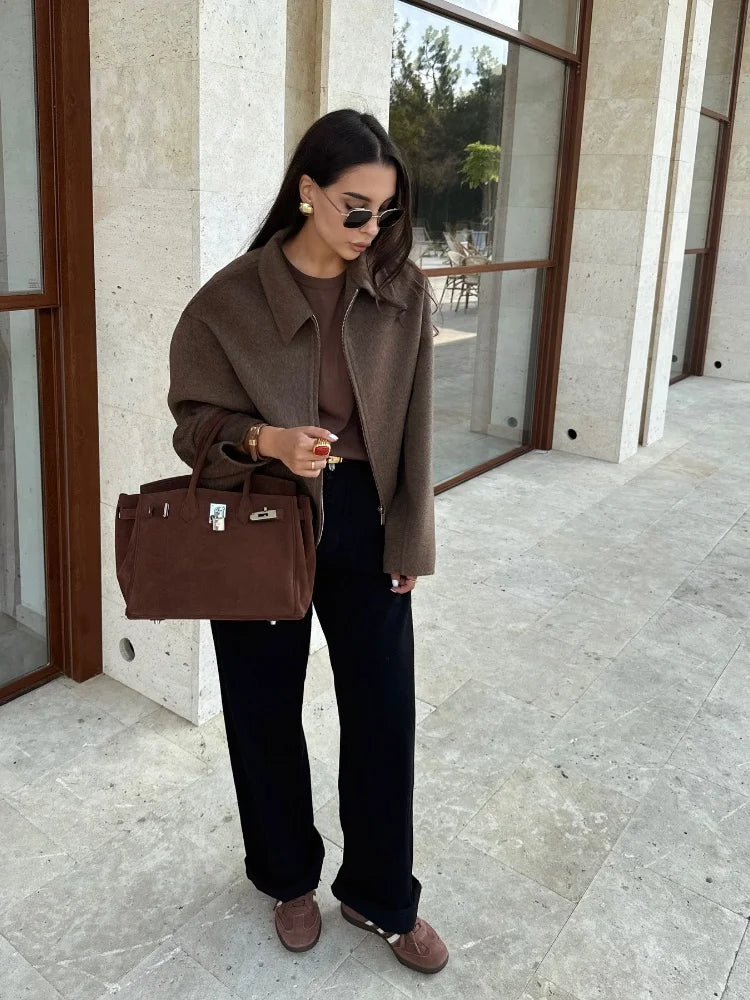 Rarove-Fall Outfits Outwear Streetwear Vintage Brown Zipper Woolen Jacket For Women Elegant Lapel Long Sleeves Cropped Coats Autumn Chic Lady High Street Outwear