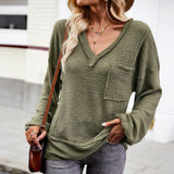 Rarove V-neck Long-sleeved SweatersTop Lantern Sleeve Splicing Pocket Design Lazy Wind Pullover Solid Color Knit Sweater Women Clothes