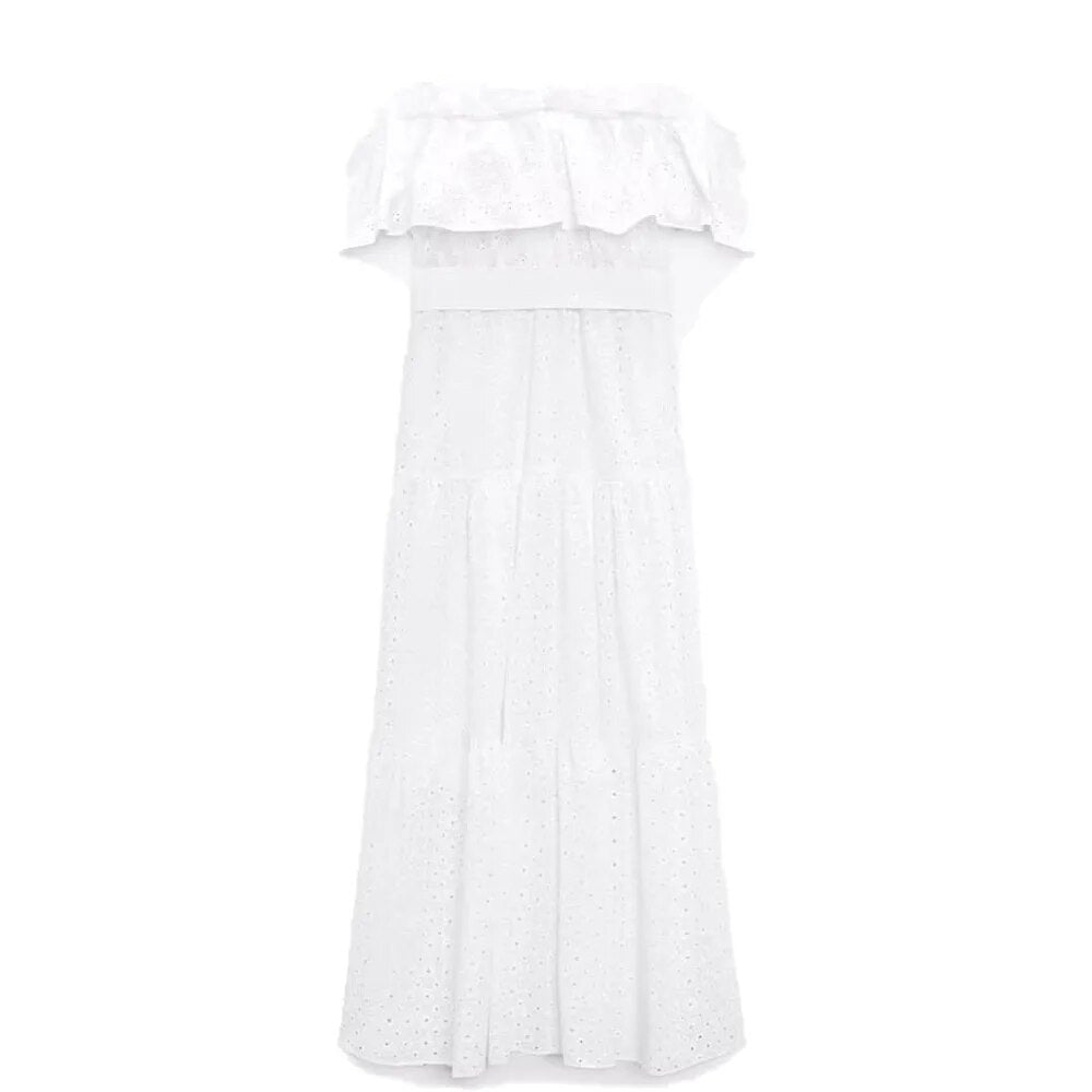 Rarove- New women's fashion casual vitality elegant same fabric belt white temperament hollow embroidery midi dress