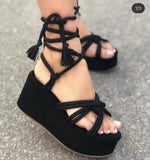 RAROVE-2024 Summer New Platform Wedge Sandals for Women Fashion Round Toe Cross Tied Height Increase Open Toe Femme Sandal Plus Size 43