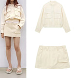 Rarove - New women's temperament, fashion and vitality, linen blend bomber jacket, mid-waist hakama with pockets