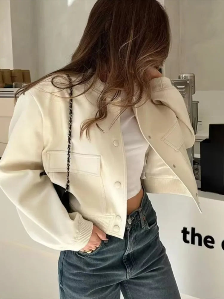 Rarove_White Short Bomber Jackets For Women Round Collar With Buckle Big Pockets Outerwear 2023 Spring Antumn Female Chic Street Coats