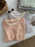 RAROVE-Colorful Stripe Round Neck Embroidered T-shirt for Women's 24 Spring/summer Brightening Slimming Cotton