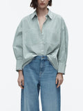 Rarove - New women's 2023 long-sleeved lapel shirt with patch pocket stripe loose poplin shirt on the front