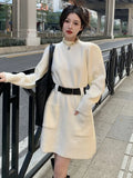 Rarove-2024 Spring Fashion Solid Sweater Dress Sashes Long Sleeves Knit Pullover Women Dress Antumn Pockets Casual Fashion A-line Lady Knitwears