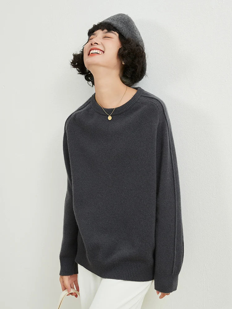 Rarove-Round neck thick cashmere sweater women's 100% pure cashmere sweater loose Joker knit bottoming shirt
