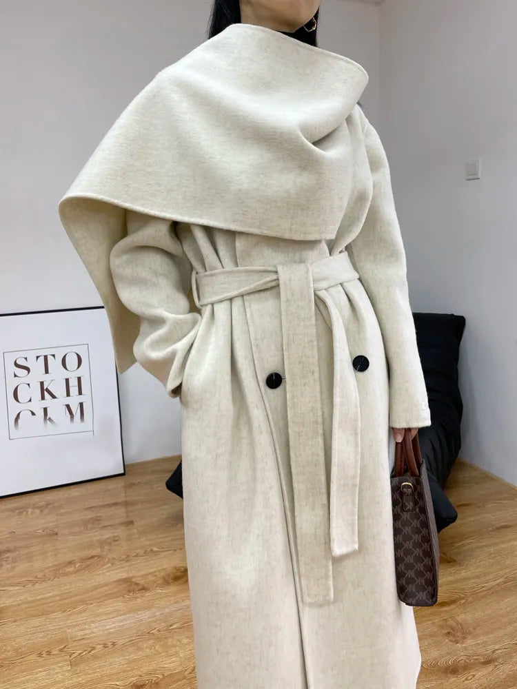 Rarove-New Fashion Scarf Collar Warm Double-sided Wool Coat Loose Women Fashion Double-breasted Long Woolen Coat Female Clothing Autumn