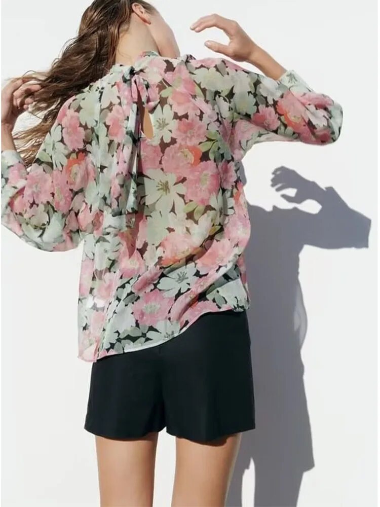 Rarove - New Women's Style Fashion Versatile Casual Mock Neck Shirt Long Sleeve Closure Bow Print Shirt