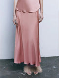 Rarove - 2023 New Women's Fashion Versatile Silk Slippery Pink Temperament Ruili Sling Top Skirt Set