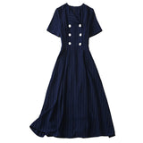 RAROVE-Graduation Gift Back to School Season Summer Dress Spring Outfit Summer Vacation Outfits  High Quality Fashion Summer New Stripes Celebrity Office Workplace Elegant Chic Casual Designer Navy Blue Button Midi Dress