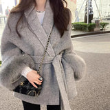 Rarove-Winter New Women Double-sided Wool Lace-up Coat Cuffs Removable Fox Fur High Quality Double-sided Cashmere Woolen Coat Female