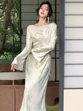 Rarove 2023 Elegant Long Sleeve Women Dress French Print Evening Party Female Slim Clothes Fashion New Lace-up Slash Neck Maxi Dresses
