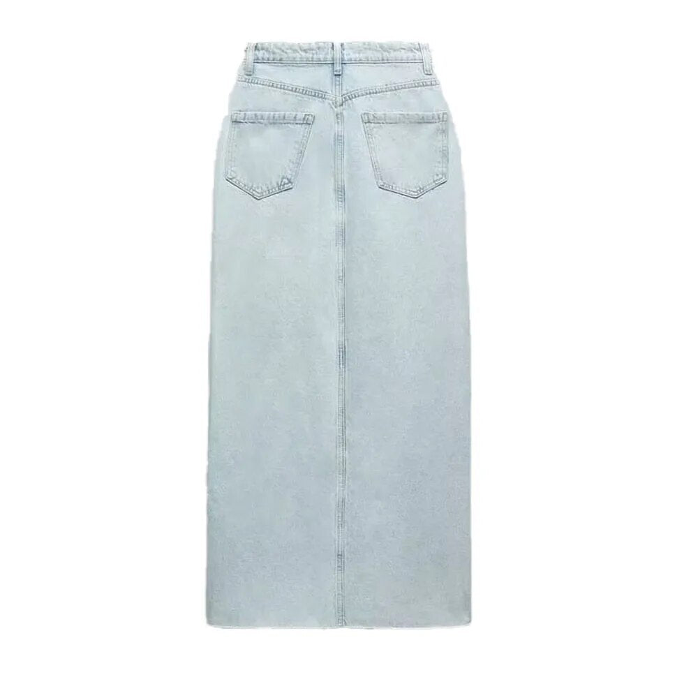 Rarove- New women's temperament fashion casual slimming front zipper and metal button closure midi denim skirt